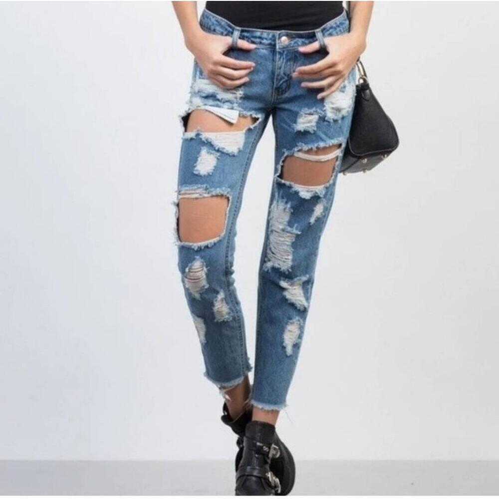 Signatures Blue Ripped Destroyed Distressed Denim Jeans High Rise Small